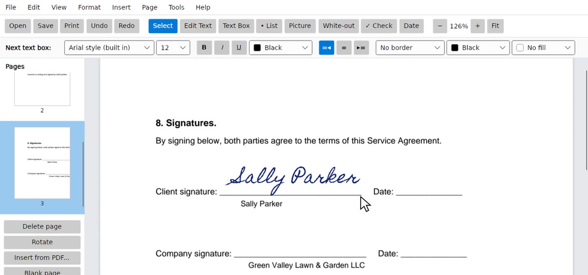 DrVance PDF Editor: a signature placed on a contract's signature line